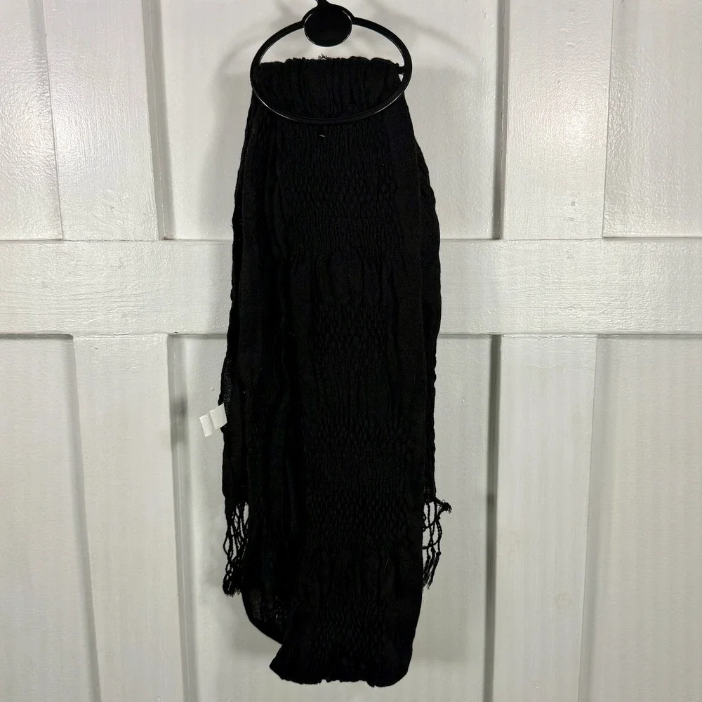 Woven Black Shawl Scarf Crinkle‎ Texture Fringe One Size